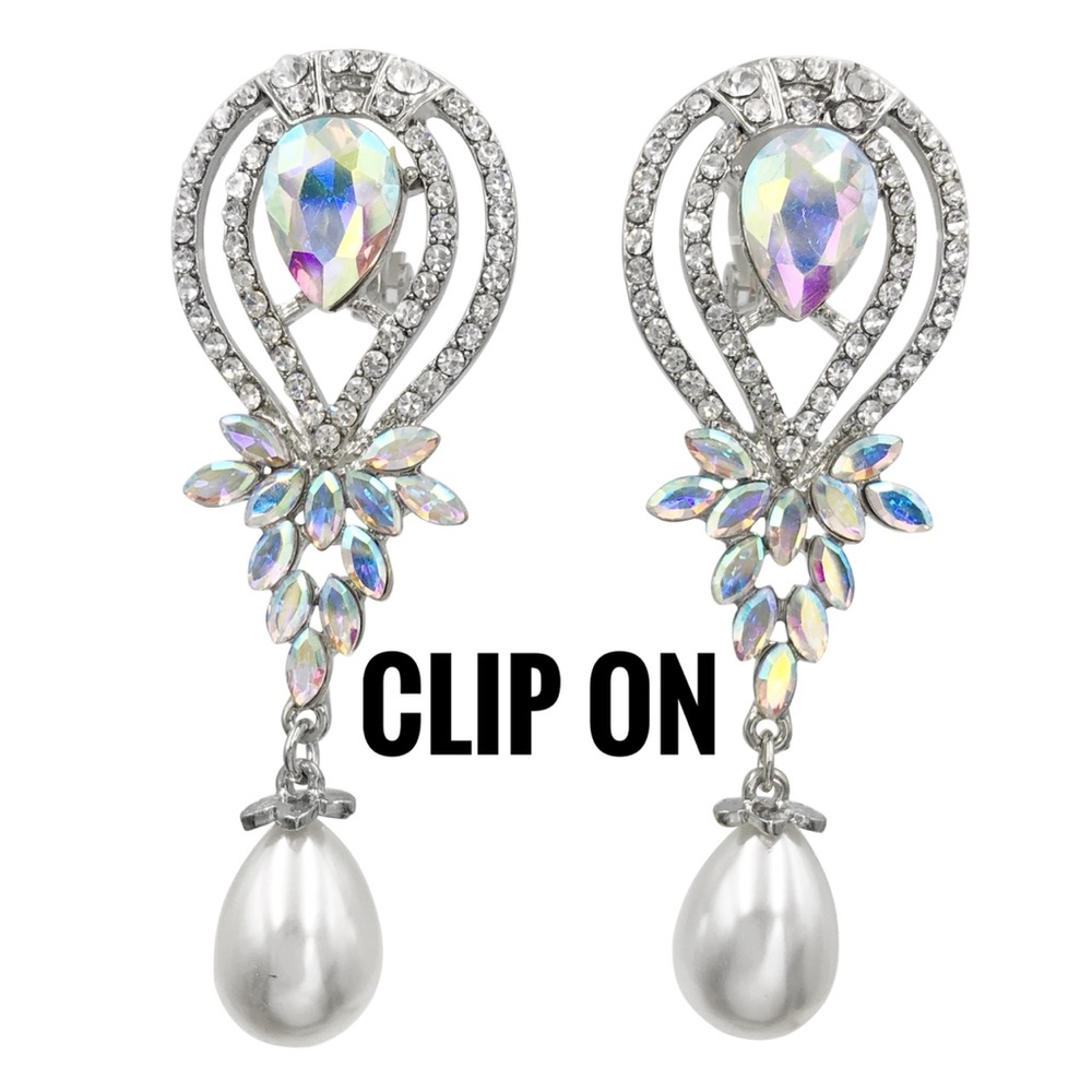 Clip On Long AB Iridescent & Clear Rhinestone Pearl Drop Formal Fancy Earrings